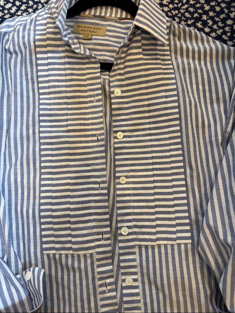 Burberry Blue and White Striped Dress Shirt with Signature Cuff Detail. - Picture 6 of 7